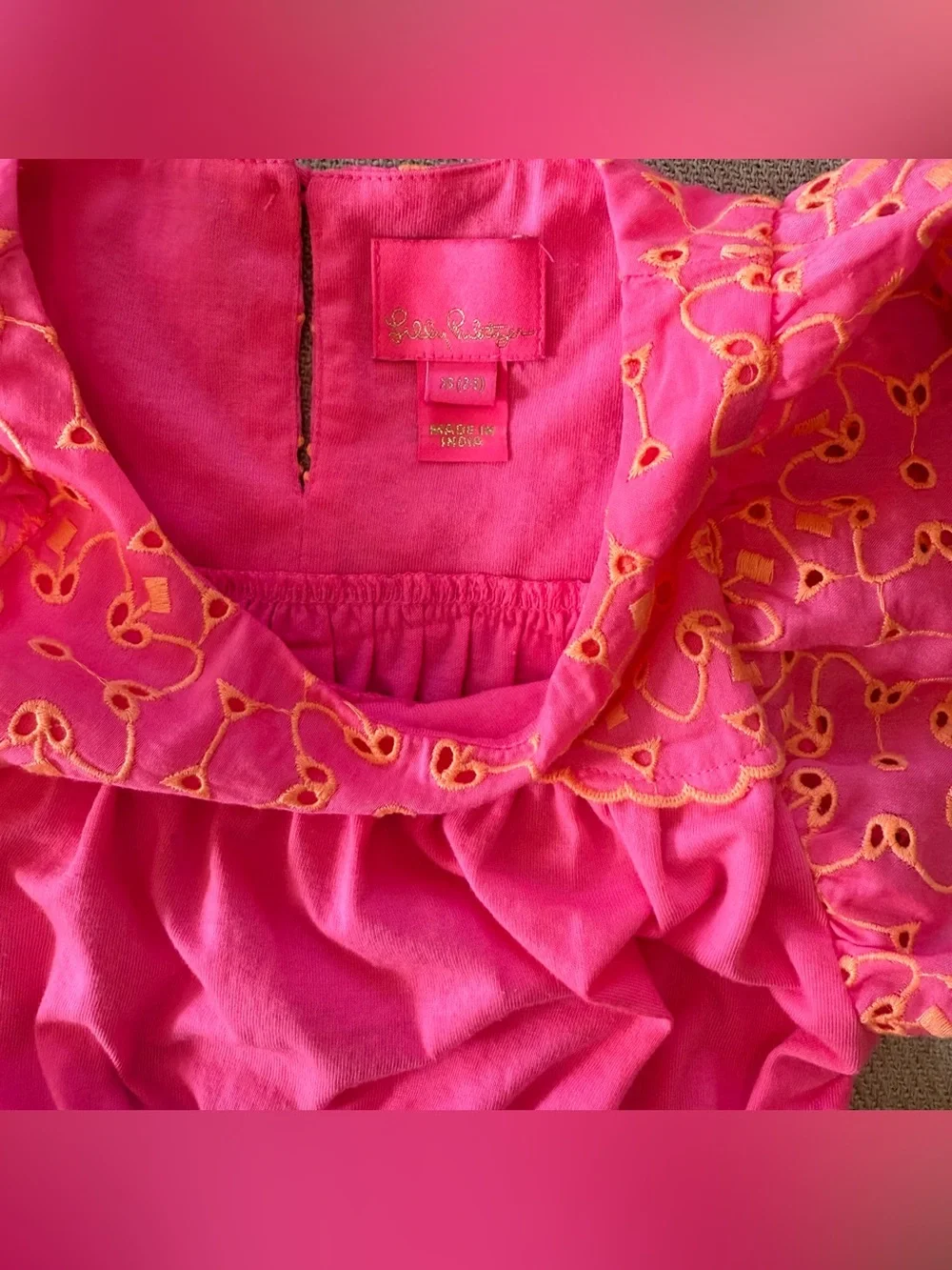 Lilly Pulitzer Girls Evette Dress Pink Isle XS (2-3) Eyelet Flutter Sleeve